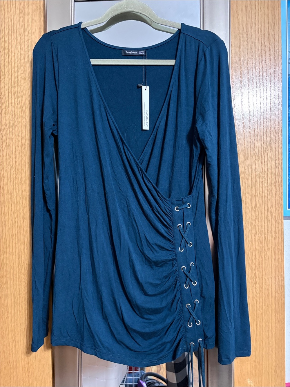 Patty Boutik size XL Teal Wrap-Front Long Sleeve Top with Side Lace-Up